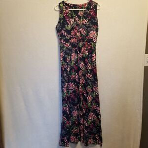 Lands’ End M Dress Maxi Sleeveless Burgundy Floral Stretch Cottagecore Preppy